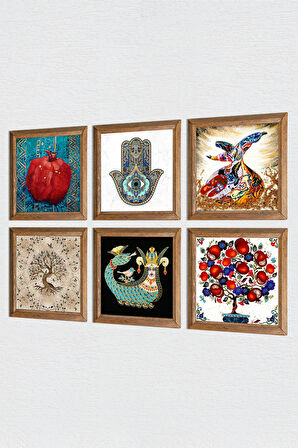 Fatma Ana Eli, Nar Ağacı, Semazen, Hayat Ağacı, Şahmeran Taş Duvar Tablosu Ahşap Çerçeveli Duvar Dekoru 6 Parça Tablo Seti Wall Art