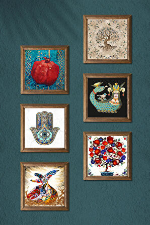 Fatma Ana Eli, Nar Ağacı, Semazen, Hayat Ağacı, Şahmeran Taş Duvar Tablosu Ahşap Çerçeveli Duvar Dekoru 6 Parça Tablo Seti Wall Art