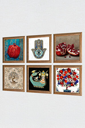 Şahmeran, Hayat Ağacı, Nar Ağacı, Nar, Fatma Ana Eli (Hamsa) Taş Duvar Tablosu Ahşap Çerçeveli Duvar Dekoru 6 Parça Tablo Seti Wall Art