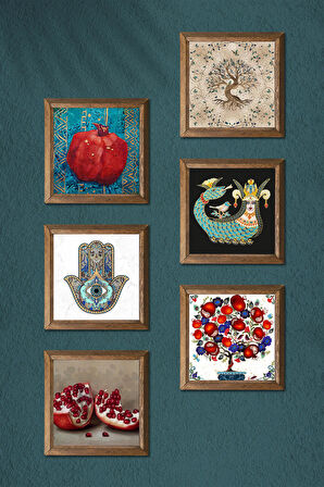 Şahmeran, Hayat Ağacı, Nar Ağacı, Nar, Fatma Ana Eli (Hamsa) Taş Duvar Tablosu Ahşap Çerçeveli Duvar Dekoru 6 Parça Tablo Seti Wall Art