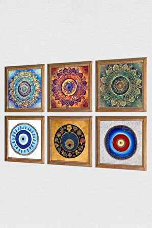 Mandala, Nazar Taş Duvar Tablosu Ahşap Çerçeveli Duvar Dekoru 6 Parça Tablo Seti Wall Art