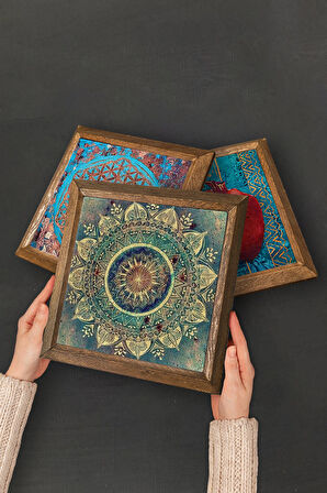 Mandala, Nazar Taş Duvar Tablosu Ahşap Çerçeveli Duvar Dekoru 6 Parça Tablo Seti Wall Art