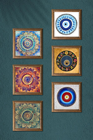 Mandala, Nazar Taş Duvar Tablosu Ahşap Çerçeveli Duvar Dekoru 6 Parça Tablo Seti Wall Art