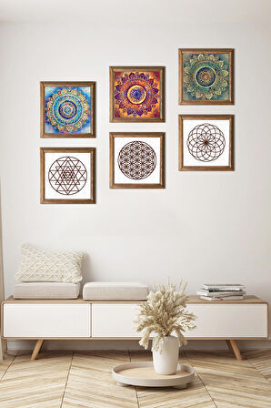 Mandala, Yaşam Çiçeği, Sri Yantra Taş Duvar Tablosu Ahşap Çerçeveli Duvar Dekoru 6 Parça Tablo Seti Wall Art