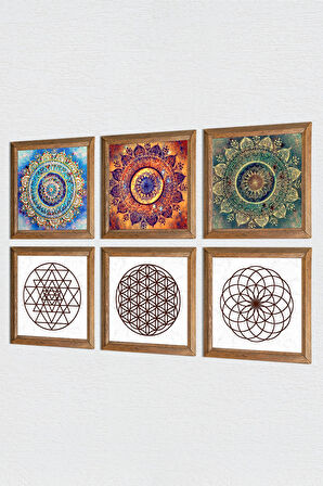 Mandala, Yaşam Çiçeği, Sri Yantra Taş Duvar Tablosu Ahşap Çerçeveli Duvar Dekoru 6 Parça Tablo Seti Wall Art