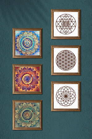 Mandala, Yaşam Çiçeği, Sri Yantra Taş Duvar Tablosu Ahşap Çerçeveli Duvar Dekoru 6 Parça Tablo Seti Wall Art