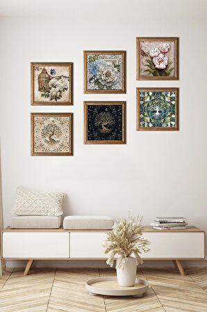 Kelebekli Çiçek, Hayat Ağacı Taş Duvar Tablosu Ahşap Çerçeveli Duvar Dekoru 6 Parça Tablo Seti Wall Art