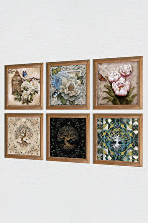 Kelebekli Çiçek, Hayat Ağacı Taş Duvar Tablosu Ahşap Çerçeveli Duvar Dekoru 6 Parça Tablo Seti Wall Art