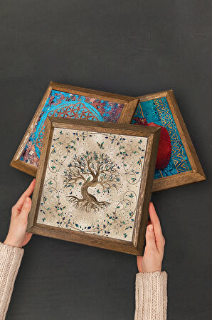 Kelebekli Çiçek, Hayat Ağacı Taş Duvar Tablosu Ahşap Çerçeveli Duvar Dekoru 6 Parça Tablo Seti Wall Art