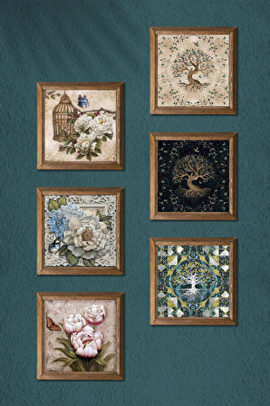 Kelebekli Çiçek, Hayat Ağacı Taş Duvar Tablosu Ahşap Çerçeveli Duvar Dekoru 6 Parça Tablo Seti Wall Art