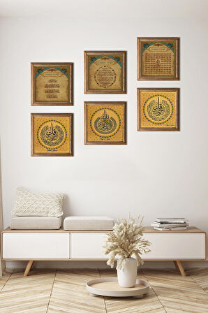 İslami Taş Duvar Tablosu Ahşap Çerçeveli Duvar Dekoru 6 Parça Tablo Seti Wall Art