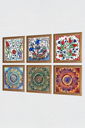Mandala, Çini Sanatı Yelkenli Gemi, Lale Taş Duvar Tablosu Ahşap Çerçeveli Duvar Dekoru 6 Parça Tablo Seti Wall Art
