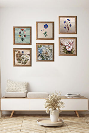 Ebru Sanatı, Kelebekli Çiçek Taş Duvar Tablosu Ahşap Çerçeveli Duvar Dekoru 6 Parça Tablo Seti Wall Art