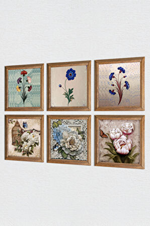 Ebru Sanatı, Kelebekli Çiçek Taş Duvar Tablosu Ahşap Çerçeveli Duvar Dekoru 6 Parça Tablo Seti Wall Art