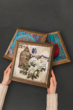 Ebru Sanatı, Kelebekli Çiçek Taş Duvar Tablosu Ahşap Çerçeveli Duvar Dekoru 6 Parça Tablo Seti Wall Art