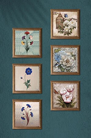 Ebru Sanatı, Kelebekli Çiçek Taş Duvar Tablosu Ahşap Çerçeveli Duvar Dekoru 6 Parça Tablo Seti Wall Art