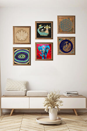 Yaşam Çiçeği, Fil, Nazar, Tavus Kuşu, Lotus Çiçeği, Şahmeran Taş Duvar Tablosu Ahşap Çerçeveli Duvar Dekoru 6 Parça Tablo Seti Wall Art