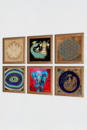 Yaşam Çiçeği, Fil, Nazar, Tavus Kuşu, Lotus Çiçeği, Şahmeran Taş Duvar Tablosu Ahşap Çerçeveli Duvar Dekoru 6 Parça Tablo Seti Wall Art