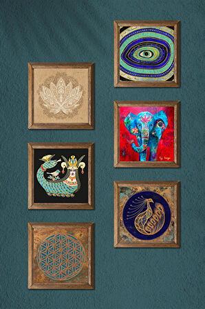 Yaşam Çiçeği, Fil, Nazar, Tavus Kuşu, Lotus Çiçeği, Şahmeran Taş Duvar Tablosu Ahşap Çerçeveli Duvar Dekoru 6 Parça Tablo Seti Wall Art