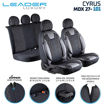 Geely EmGrand Lüx Deri Detaylı Oto Koltuk Kılıfı Ön Arka Takım Cyrus SİYAH BEYAZ