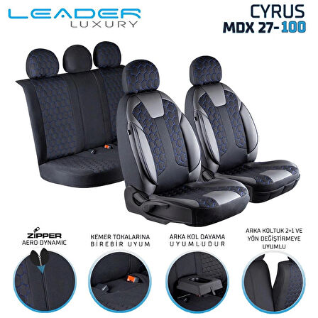 Hyundai İ10 Lüx Deri Detaylı Oto Koltuk Kılıfı Ön Arka Takım Cyrus SİYAH MAVİ