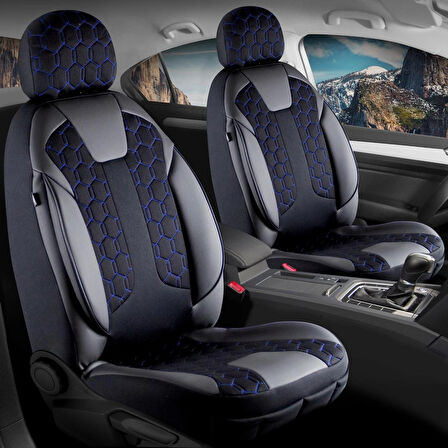 Opel Corsa D Lüx Deri Detaylı Oto Koltuk Kılıfı Ön Arka Takım Cyrus SİYAH MAVİ