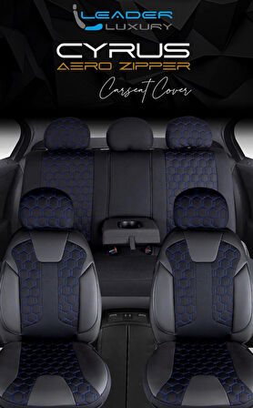 Opel Corsa D Lüx Deri Detaylı Oto Koltuk Kılıfı Ön Arka Takım Cyrus SİYAH MAVİ