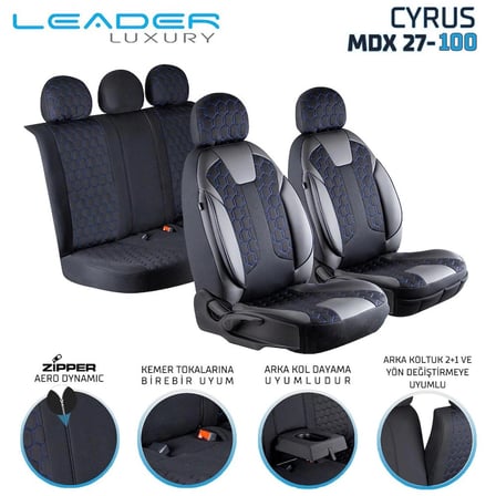 Nissan Skystar Lüx Deri Detaylı Oto Koltuk Kılıfı Ön Arka Takım Cyrus SİYAH MAVİ
