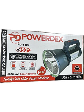 Powerdex PD-6800 30W 3000 Lümen Yüksek Güçlü Güneş Enerjili Projektör El Feneri