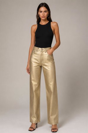 Metalik Görünümlü Wide Leg Pantolon