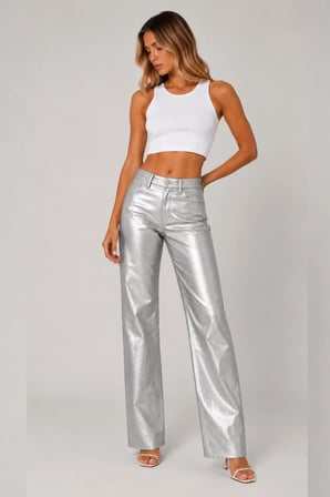 Metalik Görünümlü Wide Leg Pantolon