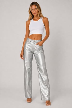 Metalik Görünümlü Wide Leg Pantolon