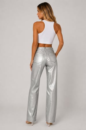 Metalik Görünümlü Wide Leg Pantolon