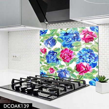 PRATİK DEKOR Renkli Çiçek Desenli Cam Ocak Ankastre Arkası Koruyucu 60x52 cm