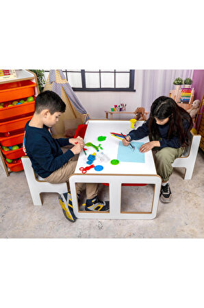 2 Kişilik Çekmeceli Oyun, Aktivite, Etkinlik Masası, Beyaz-Pembe, 18mm MDF