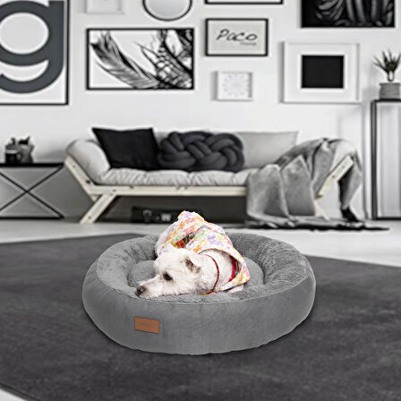 Peluş Minderli Küçük ve Orta Irk Kedi Köpek Yatağı 62x65 cm - Gri