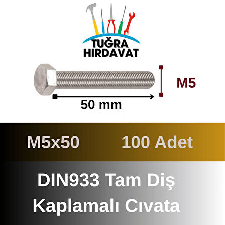 Çelik Cıvata 5X50 DIN933 Beyaz 100 Adet 8.8 Altıköşe