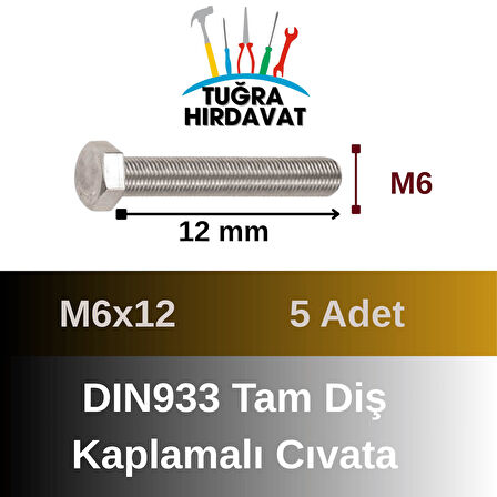 Çelik Cıvata 6X12 DIN933 Beyaz 5 Adet 8.8 Altıköşe