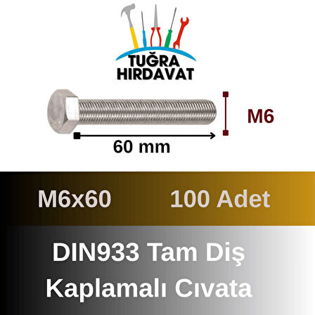 Çelik Cıvata 6X60 DIN933 Beyaz 100 Adet 8.8 Altıköşe