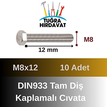 Çelik Cıvata 8X12 DIN933 Beyaz 10 Adet 8.8 Altıköşe