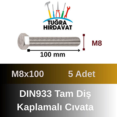 Çelik Cıvata 8X100 DIN933 Beyaz 5 Adet 8.8 Altıköşe