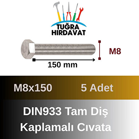 Çelik Cıvata 8X150 DIN933 Beyaz 5 Adet 8.8 Altıköşe
