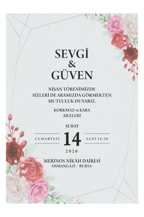 50 Adet Ekoline Çiçek Desenli Düğün Davetiyesi 22395 - Beyaz Zarflı