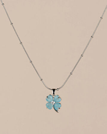 Elvora Mavi Opal Taşlı Çiçek Çelik Kolye