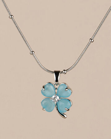 Elvora Mavi Opal Taşlı Çiçek Çelik Kolye