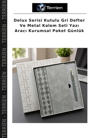 Delux Serisi Kutulu Gri Defter Ve Metal Kalem Seti Yazı Aracı Kurumsal Paket Günlük
