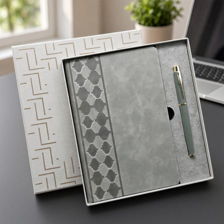 Delux Serisi Kutulu Gri Defter Ve Metal Kalem Seti Yazı Aracı Kurumsal Paket Günlük