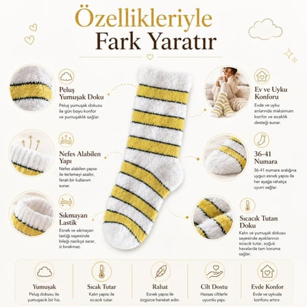 Peluş Çizgili Kadın Uyku Çorabı 36-40 Yumuşak Sıcak Tutan Sıkmayan Ev Çorabı Sarı Beyaz