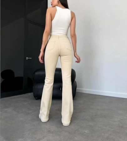 Pelin Jeans İspanyol Paça Pantolon Krem Yüksek Bel Denim Likralı