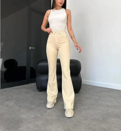 Pelin Jeans İspanyol Paça Pantolon Krem Yüksek Bel Denim Likralı